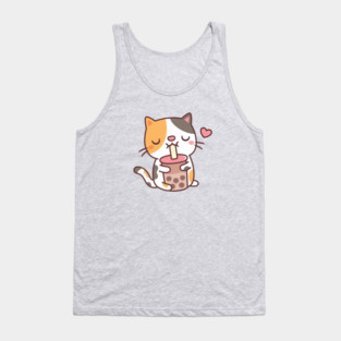 Cute Calico Cat Loves Drinking Boba Tea Tank Top