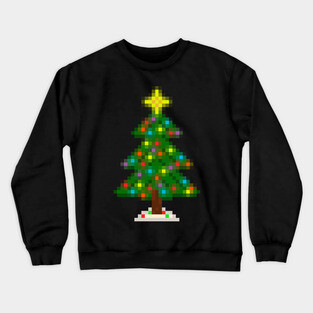 Pixel Christmas Tree with Glowing Lights (Black) Crewneck Sweatshirt