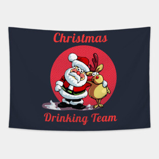 Drinking Christmas Team Cute Cartoon Santa With Deer Gift T-Shirt Tapestry