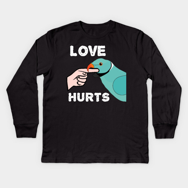 Love Hurts Blue Indian Ringneck Male Parrot Biting Kids Long Sleeve T-Shirt by Einstein Parrot