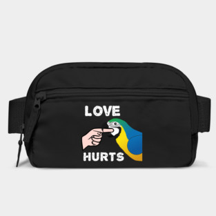 Love Hurts Blue and Gold Macaw Parrot biting Bag