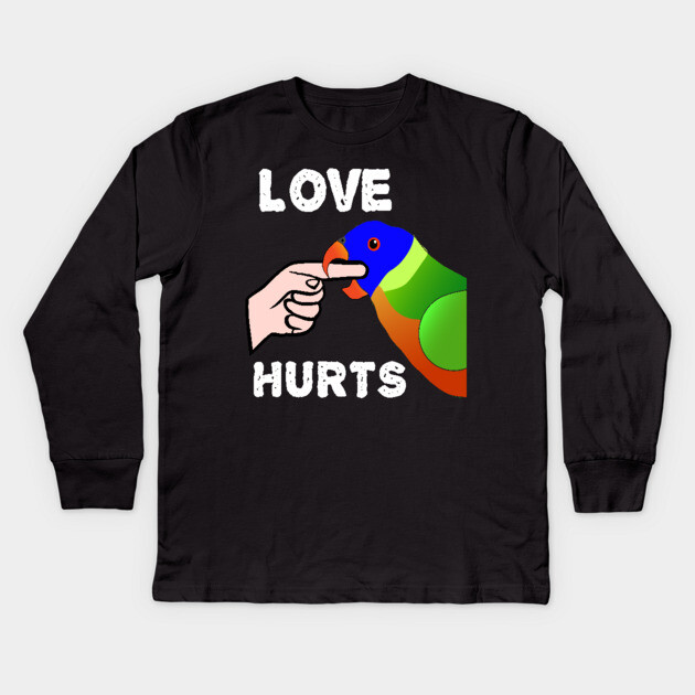 Love Hurts Lorikeet Parrot Biting Kids Long Sleeve T-Shirt by Einstein Parrot