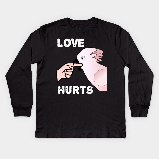 Love Hurts Moluccan Cockatoo Parrot Biting Kids Long Sleeve T-Shirt by Einstein Parrot