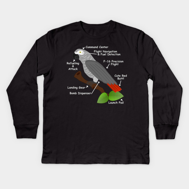 Anatomy of an African Grey Parrot Kids Long Sleeve T-Shirt by Einstein Parrot