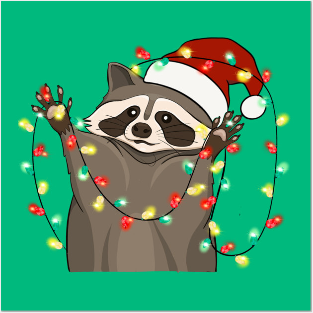 Racoon Santa Hat Christmas Lights Wall Art by The WYLD Tribe