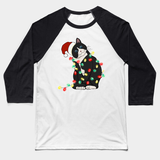 Cat Santa Christmas Lights Baseball T-Shirt by The WYLD Tribe