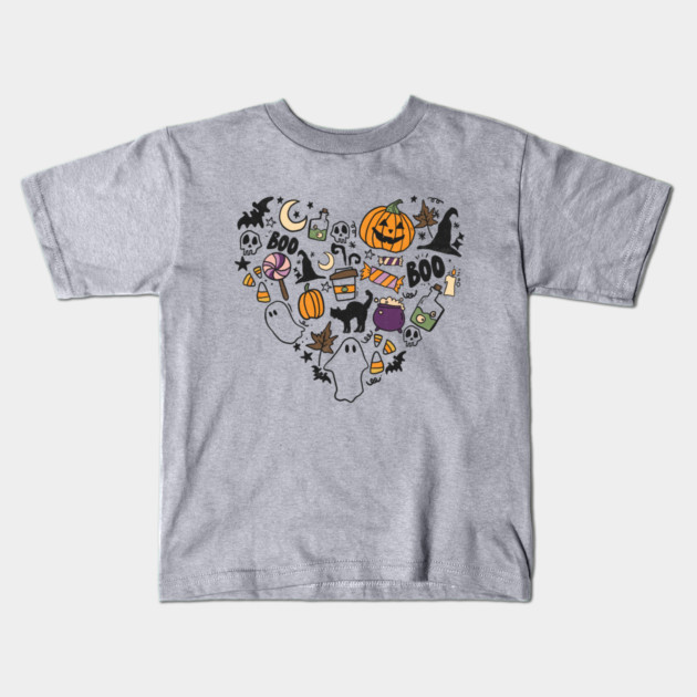Heart Shape Halloween Spooky Ghost Boo Pumpkin Kids T-Shirt by The WYLD Tribe