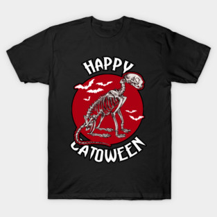 Happy Catoween Skeleton cat with flying bats T-Shirt
