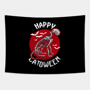 Happy Catoween Skeleton cat with flying bats Tapestry