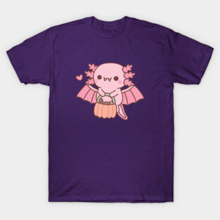 Cute Axolotl Vampire Carrying Halloween Pumpkin T-Shirt