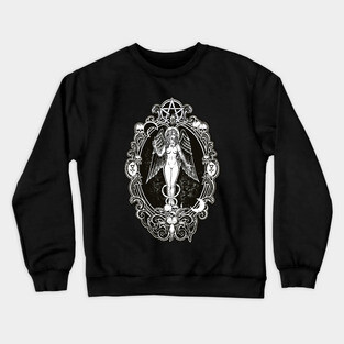 Baphochick - woman, death, goth, snake, devil, Baphomet, skull, goth, girl, dark angel, goat, black sticker, moon Crewneck Sweatshirt