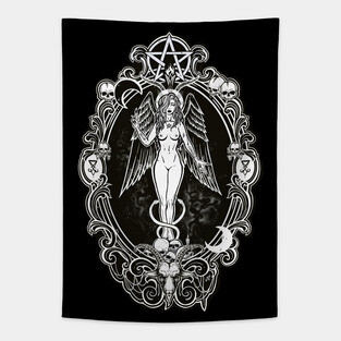 Baphochick - woman, death, goth, snake, devil, Baphomet, skull, goth, girl, dark angel, goat, black sticker, moon Tapestry