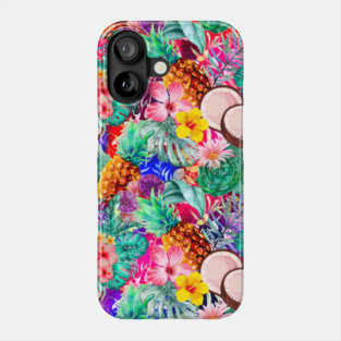 tropical pineapple exotic botanical illustration with floral tropical fruits, exotic flowers, coconuts, hot pink and purple fruit pattern over a Phone Case