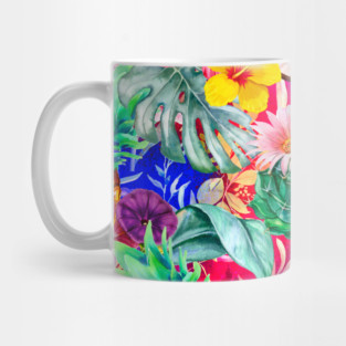 tropical pineapple exotic botanical illustration with floral tropical fruits, exotic flowers, coconuts, hot pink and purple fruit pattern over a Mug