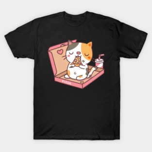 Funny Cute Calico Cat Eating Pizza In Pizza Box T-Shirt