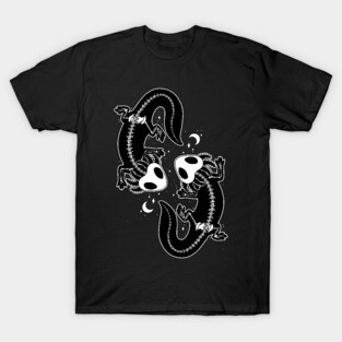 Pair of black skeleton axolotls dancing in the night T-Shirt