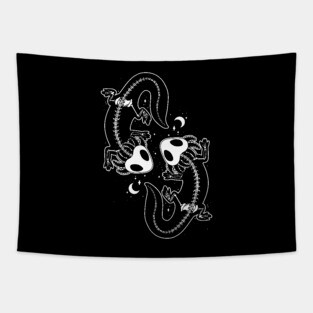 Pair of black skeleton axolotls dancing in the night Tapestry