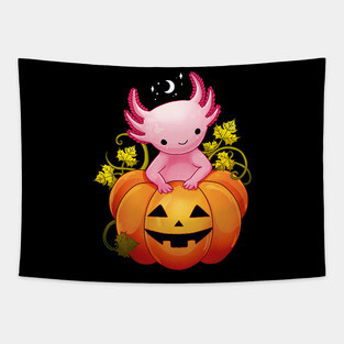 Cute halloween axolotl inside the pumpkin Tapestry