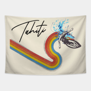 Retro 70s/80s Style Rainbow Surfing Wave Tahiti Tapestry