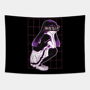 Bored Japanese Anime Girl Synthwave Retrowave Vaporwave Cyberpunk Grid Chillwave 80's Retro Tapestry