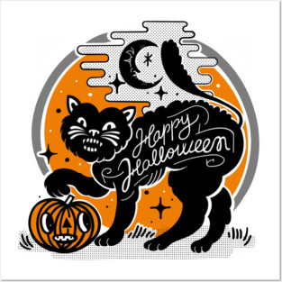 Happy halloween black cat Posters and Art
