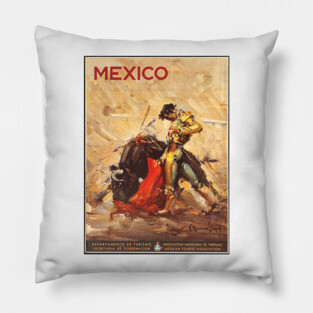 Matador and Bull - Vintage Mexico Travel Poster Design Pillow