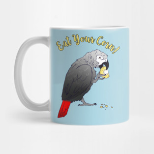 African Grey Parrot eating Corn Mug