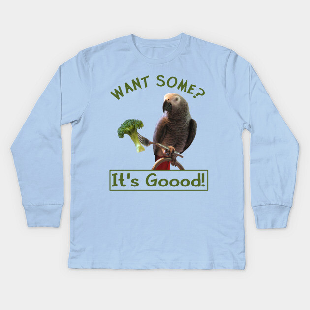 African Grey Parrot Broccoli Kids Long Sleeve T-Shirt by Einstein Parrot