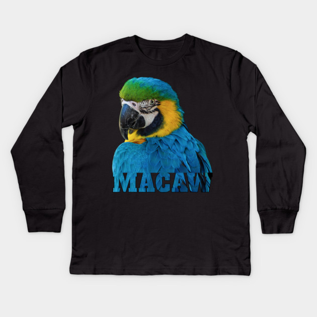 Beautiful Blue and Gold Macaw Parrot Image and Word Kids Long Sleeve T-Shirt by Einstein Parrot