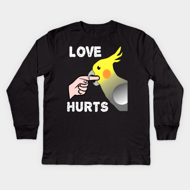 Love Hurts Cockatiel Male Parrot Biting Kids Long Sleeve T-Shirt by Einstein Parrot