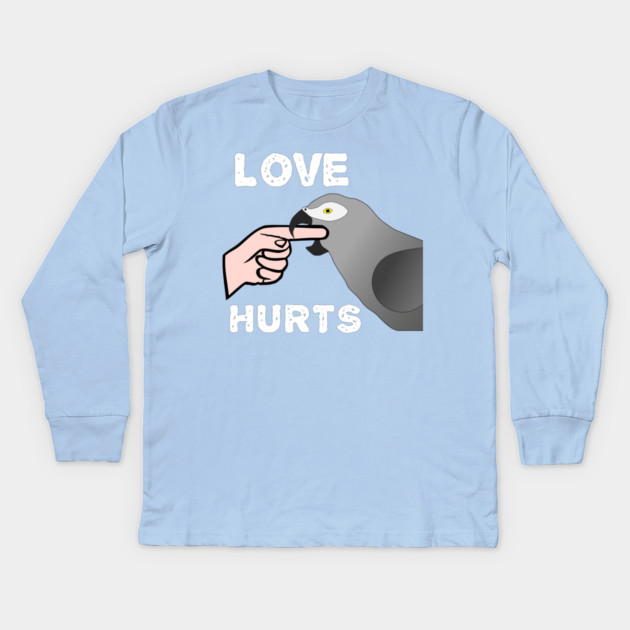 Love Hurts African Grey Parrot Biting Kids Long Sleeve T-Shirt by Einstein Parrot