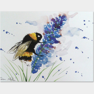 Bumble bee and Blue Lavender Posters and Art