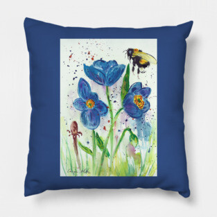 Bumble bee and blue flowers Pillow