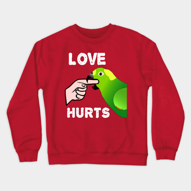 Love Hurts Yellow Naped Amazon Parrot Biting Crewneck Sweatshirt by Einstein Parrot