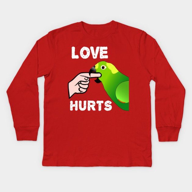 Love Hurts Yellow Naped Amazon Parrot Biting Kids Long Sleeve T-Shirt by Einstein Parrot
