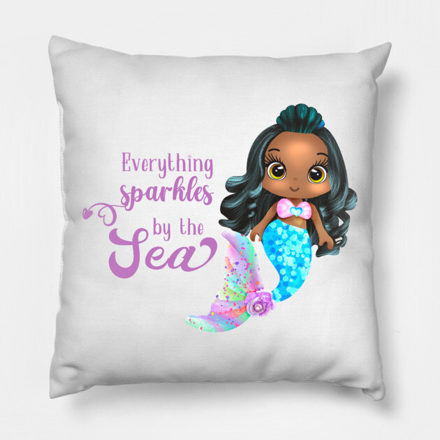 Black Mermaid, Everything Sparkles by the sea Pillow by UrbanLifeApparel