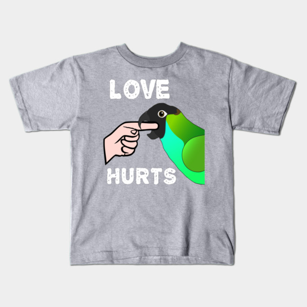 Love Hurts Nanday Conure Parrot Biting Kids T-Shirt by Einstein Parrot