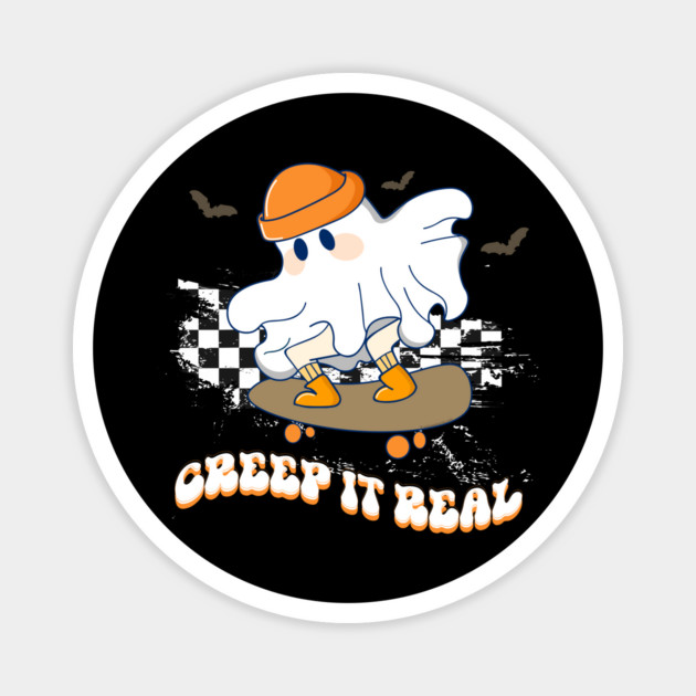 Creep It Real Vintage Ghost Skateboarding Wearing a Beanie Funny Magnet by creative