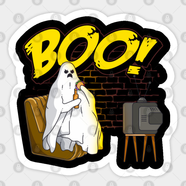 Boo! Ghost Watching TV, Drinking & Eating a Hamburger Funny Halloween Sticker by creative
