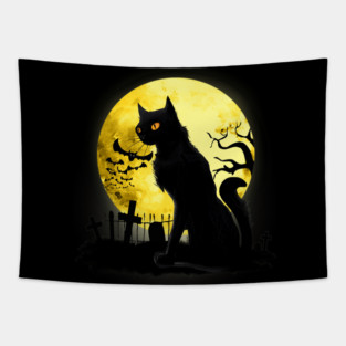 Full moon and black cat dark atmosphere in a scary cemetery Tapestry