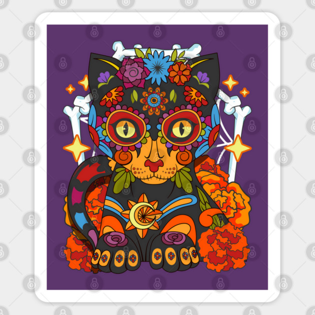 Day of the Dead Cat Colorful Día de Los Muertos Sugar Skull Sticker by creative