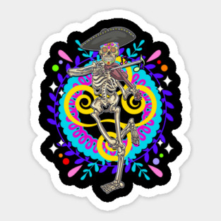 Day of the Dead Skeleton Playing Violin Sugar Skull Sticker