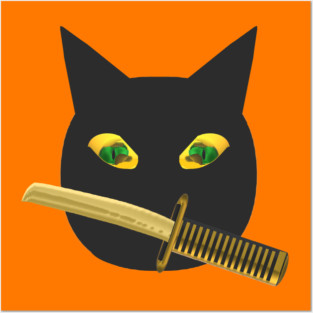 Halloween Ninja Cat. Black Cat with Jack o Lantern Eyes and Sword. (Orange Background) Posters and Art