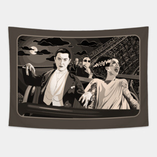 Ups & Downs (Sepia) (Universal Monsters on Roller Coaster) Tapestry