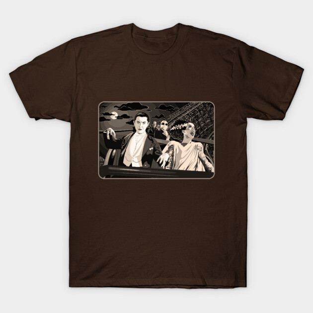 Ups & Downs (Sepia) (Universal Monsters on Roller Coaster) T-Shirt by PlaidDesign