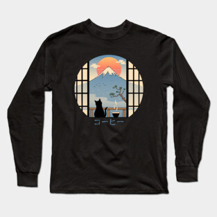Coffee Cat in Mt. Fuji Long Sleeve T-Shirt