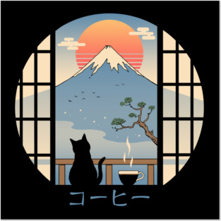 Coffee Cat in Mt. Fuji Posters and Art
