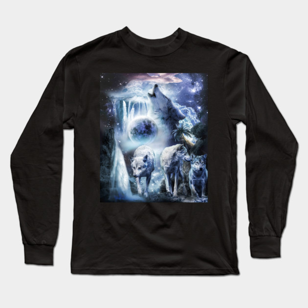 Tropical Wolves Wolf Howling At Moon Long Sleeve T-Shirt by Random Galaxy