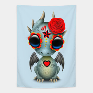 Blue Day of the Dead Sugar Skull Baby Dragon Tapestry