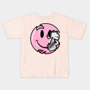 Creepy Pastel Goth Pink Smiley Face Skull Emoji Kids T-Shirt